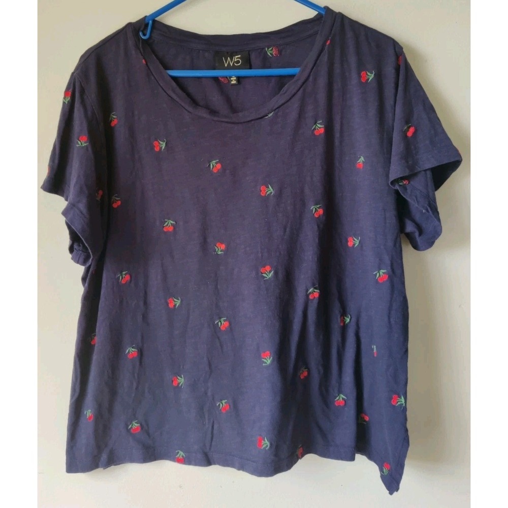 W5 Women's XL Cherry Short Sleeve T-shirt Navy Blue/Red 100% Cotton Round Neck